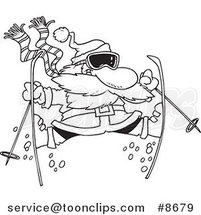 Cartoon Black and White Line Drawing of a Skiing Santa by Toonaday