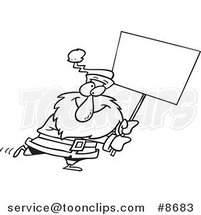 Cartoon Black and White Line Drawing of Santa Carrying a Blank Sign by Toonaday