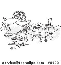 Cartoon Black and White Line Drawing of a Pilot Santa by Toonaday