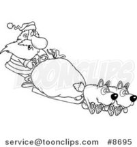 Cartoon Black and White Line Drawing of Santa Mushing by Toonaday
