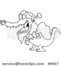 Cartoon Black and White Line Drawing of a Santa Alligator by Toonaday