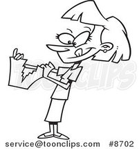 Cartoon Black and White Line Drawing of a Business Woman Tearing up Paperwork by Toonaday