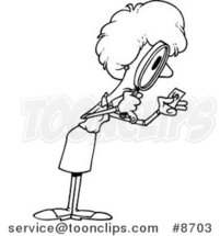 Cartoon Black and White Line Drawing of a Business Woman Viewing Money Through a Magnifying Glass by Toonaday