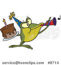 Cartoon Birthday Frog Holding a Cake and Using a Noise Maker by Toonaday