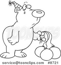 Cartoon Black and White Line Drawing of a Birthday Bear with Deflating Balloons by Toonaday