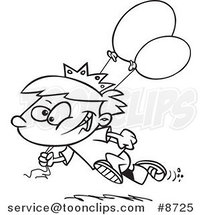 Cartoon Black and White Line Drawing of a Birthday Boy Running with Balloons by Toonaday