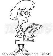 Cartoon Black and White Line Drawing of a Business Woman Reading a Newspaper by Toonaday