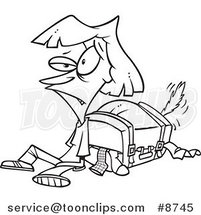 Cartoon Black and White Line Drawing of an Exhausted Lady by Her Packed Suitcase by Toonaday