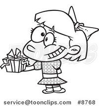 Cartoon Black and White Line Drawing of a Girl Holding a Gift at a Party by Toonaday