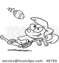 Cartoon Black and White Line Drawing of a Running Girl Catching a Football by Toonaday