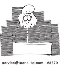 Cartoon Black and White Line Drawing of a Business Woman Sitting at Her Desk with Stacks of Paperwork by Toonaday
