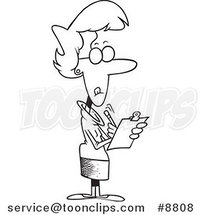 Cartoon Black and White Line Drawing of a Female Manager Using a Clip Board by Toonaday