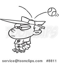 Cartoon Black and White Line Drawing of a Baseball Hitting a Boy on the Head by Toonaday