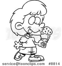 Cartoon Black and White Line Drawing of a Girl with Ice Cream by Toonaday