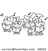Cartoon Black and White Line Drawing of a Choir Kids Singing by Toonaday