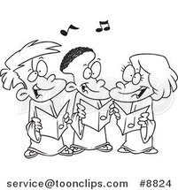 Cartoon Black and White Line Drawing of Singing Kids in a Choir by Toonaday