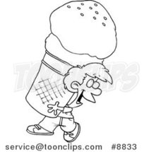 Cartoon Black and White Line Drawing of a Boy Carrying a Huge Ice Cream Cone by Toonaday