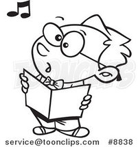 Cartoon Black and White Line Drawing of a Boy Singing in Choir by Toonaday