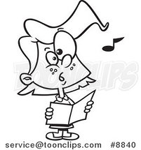 Cartoon Black and White Line Drawing of a Chorus Girl Singing by Toonaday
