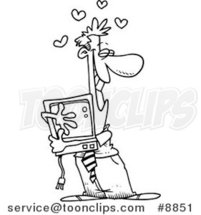 Cartoon Black and White Line Drawing of a Business Man Hugging His Computer by Toonaday