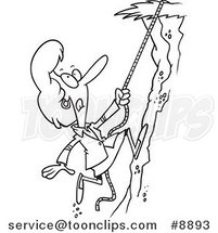 Cartoon Black and White Line Drawing of a Business Woman Climbing a Hillside by Toonaday