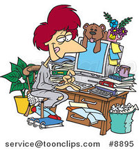 Cartoon Lady Working in Her Pjs in Her Cluttered Home Office by Toonaday