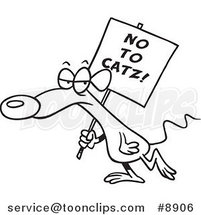 Cartoon Black and White Line Drawing of a Mouse Carrying a No to Catz Sign by Toonaday