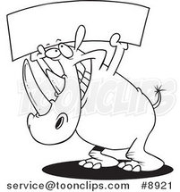 Cartoon Black and White Line Drawing of a Rhino Holding up a Blank Banner by Toonaday