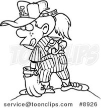 Cartoon Black and White Line Drawing of a Baseball Girl Pitching by Toonaday