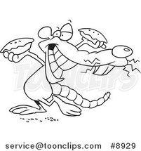 Cartoon Black and White Line Drawing of a Rat Holding up Pies by Toonaday
