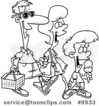 Cartoon Black and White Line Drawing of a Family Going on a Picnic by Toonaday