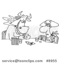 Cartoon Black and White Line Drawing of a Cowboy and Bull Playing Poker by Toonaday