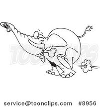 Cartoon Black and White Line Drawing of an Elephant Fetching a Bone by Toonaday