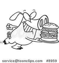 Cartoon Black and White Line Drawing of a Pig Carrying a Big Burger by Toonaday