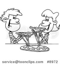 Cartoon Black and White Line Drawing of a Couple of Kids Sharing Pizza by Toonaday