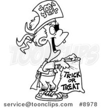 Cartoon Black and White Line Drawing of a Trick or Treating Pirate Boy by Toonaday