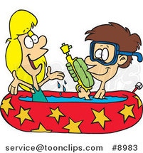 Cartoon Boy and Girl Playing in a Kiddie Pool by Toonaday