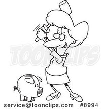 Cartoon Black and White Line Drawing of a Business Woman Breaking a Piggy Bank by Toonaday