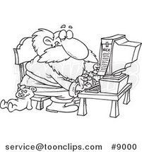 Cartoon Black and White Line Drawing of Santa Using a Computer by Toonaday