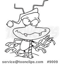 Cartoon Black and White Line Drawing of a Santa Bug by Toonaday