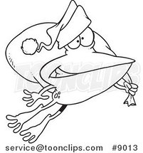 Cartoon Black and White Line Drawing of a Santa Frog Hopping by Toonaday