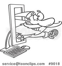 Cartoon Black and White Line Drawing of Santa Holding an Email Symbol in a Computer by Toonaday
