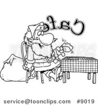 Cartoon Black and White Line Drawing of Santa Taking a Break in a Cafe by Toonaday