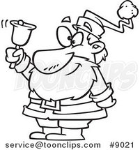 Cartoon Black and White Line Drawing of Santa Ringing a Bell by Toonaday