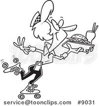 Cartoon Black and White Line Drawing of a Skating Car Hop Waitress by Toonaday