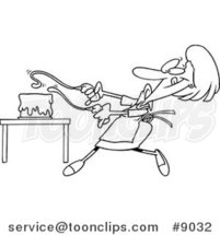 Cartoon Black and White Line Drawing of a Baker Lady Decorating a Cake by Toonaday