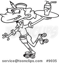 Cartoon Black and White Line Drawing of a Car Hop Waitress on Skates by Toonaday
