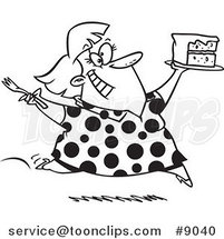 Cartoon Black and White Line Drawing of a Lady Running with Birthday Cake by Toonaday