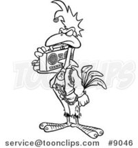 Cartoon Black and White Line Drawing of a Punky Rooster with a Boom Box by Toonaday