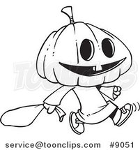 Cartoon Black and White Line Drawing of a Pumpkin Head Trick or Treater by Toonaday